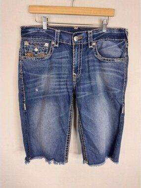 True Religion Mens Cut Off Denim Shorts Blue Straight Flap Pocket Size 34